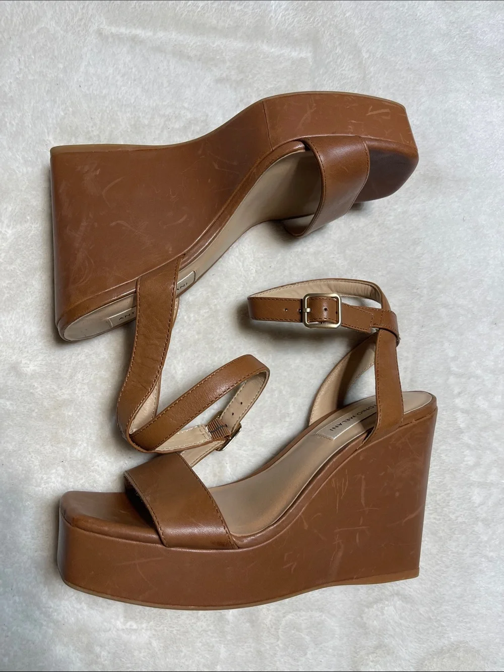 ANTONIO MELANI Tan Leather Platform Wedge Sandals with Slingback Ankle Strap Sz6